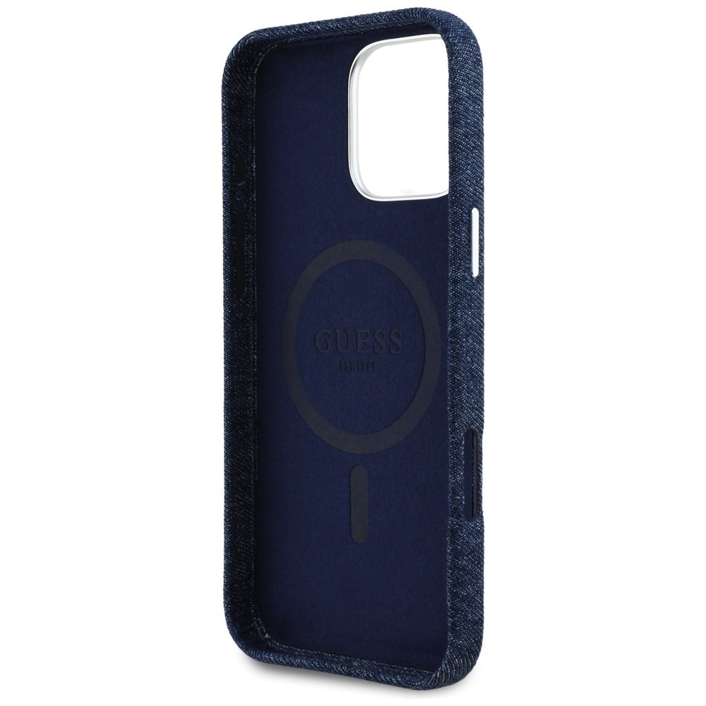 Etui Guess Denim Triangle Logo MagSafe do iPhone 16 Pro niebieski